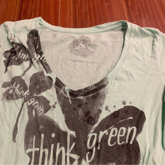 Stranded Women’s Green V-Neck Graphic “Think Green” T-Shirt Large - Picture 3 of 6